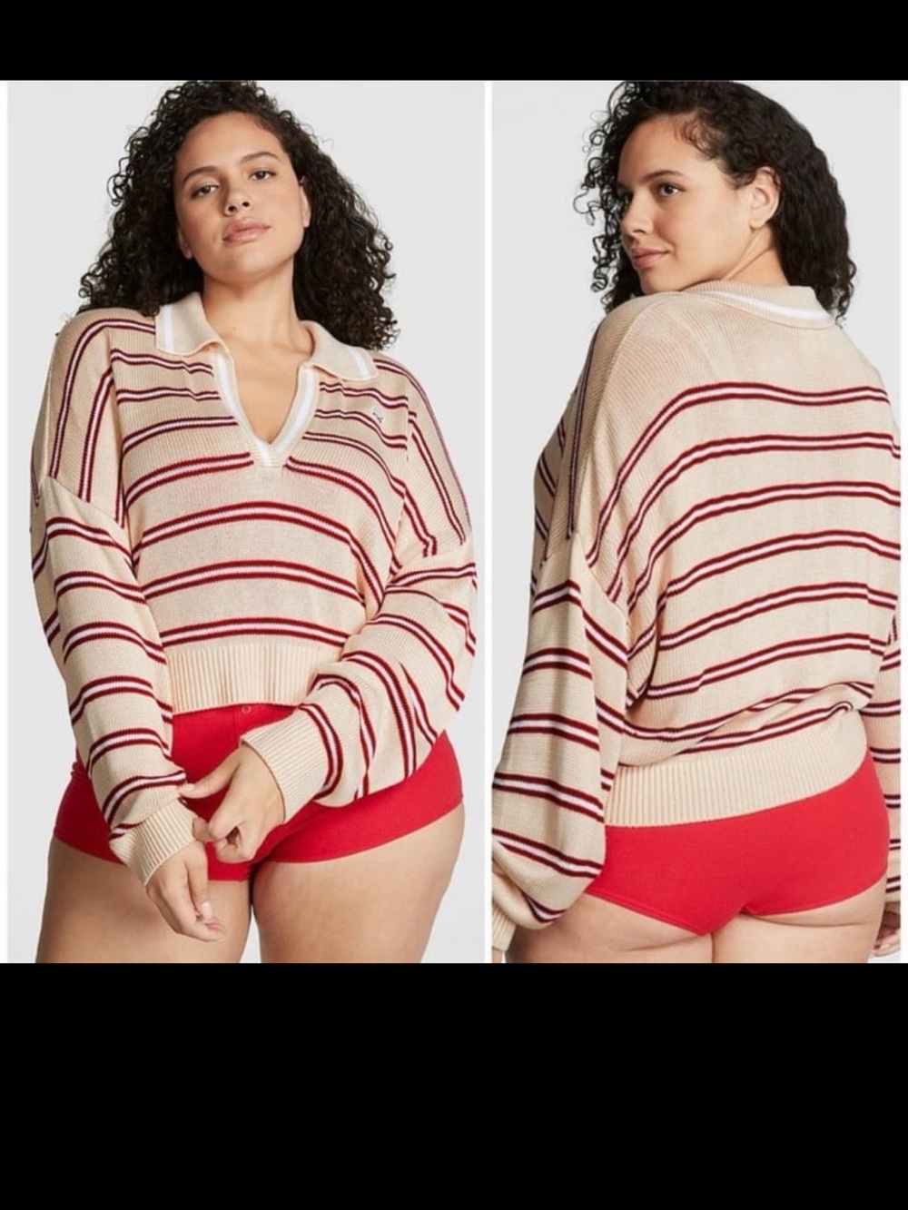 PINK Victoria's Secret Striped V-Neck Sweater in Cream and Red